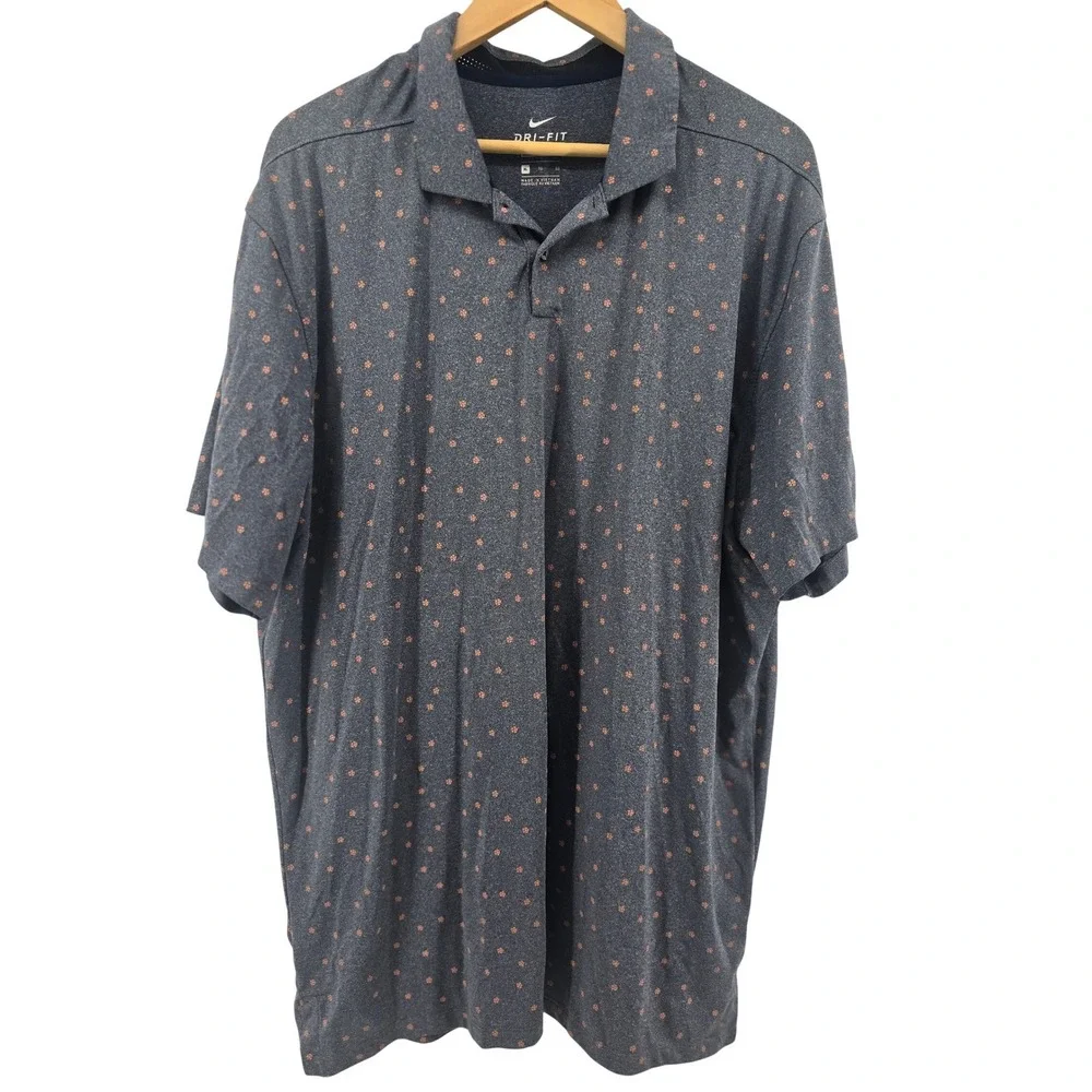 Nike Polo Shirt Mens XL Gray Dri-FIT Standard Fit Floral Print Golf Short Sleeve